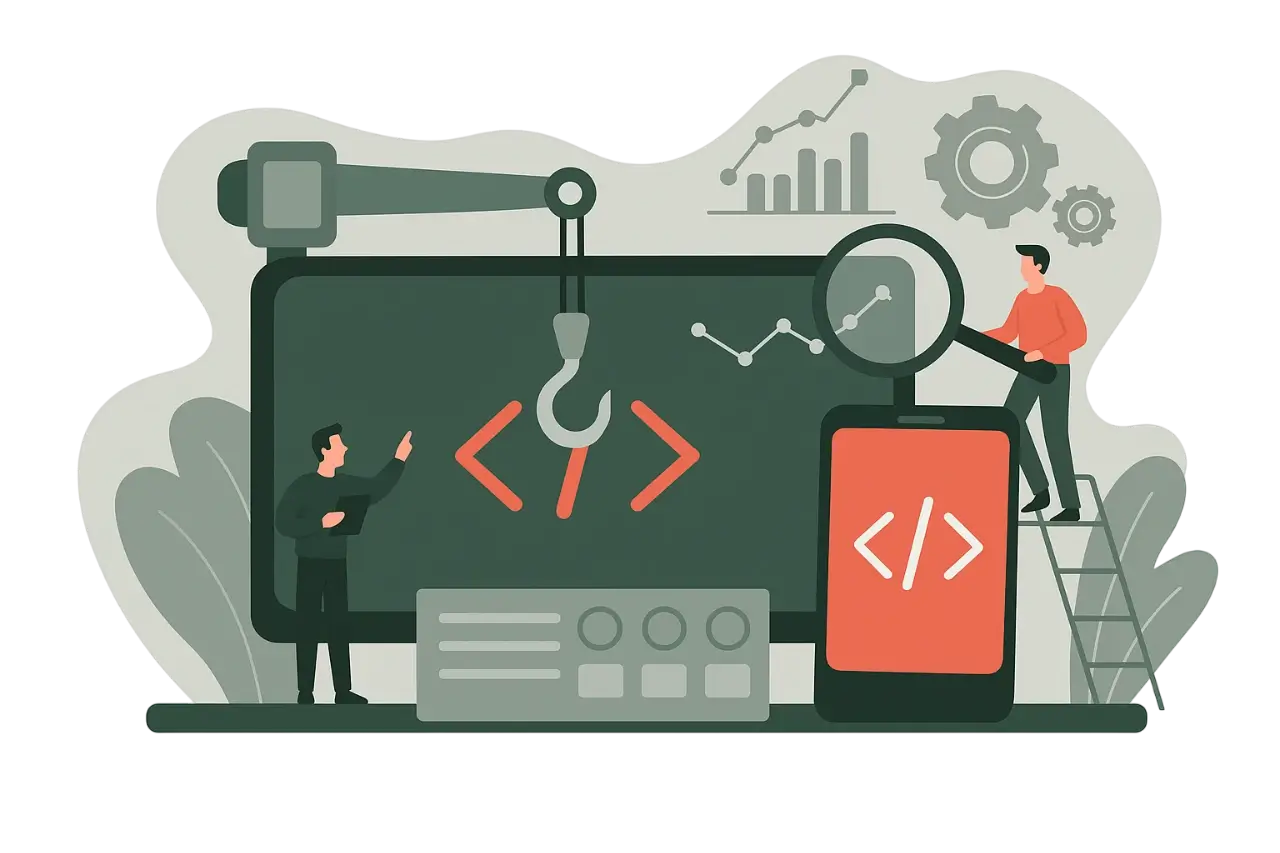 Illustration mehrerer Programmierer und eine Programmierumgebung im Hintergrund
