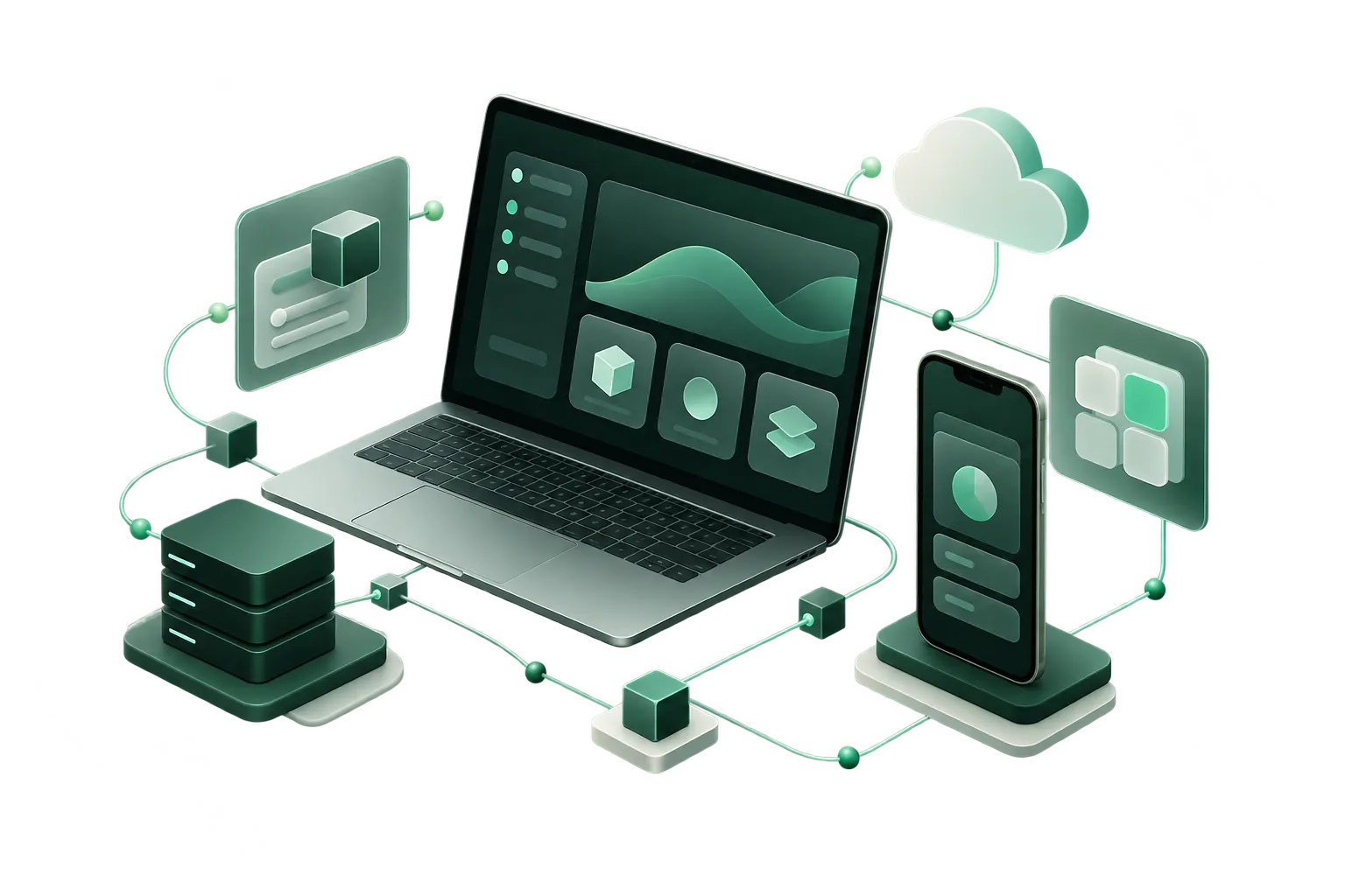 Abstrakte Darstellung eines vernetzten digitalen Systems mit Laptop, Smartphone und Softwaremodulen